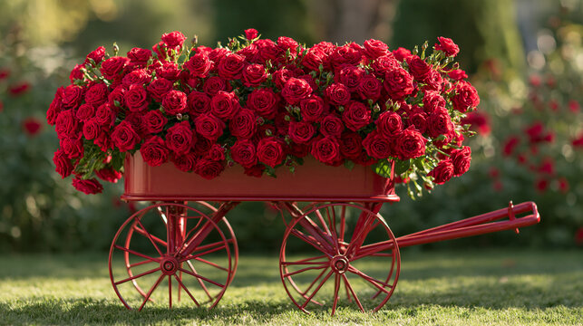 A vintage red garden cart overflowing with vibrant red roses in a sunny garden. Perfect for romantic wedding decor or spring floral celebration concepts.