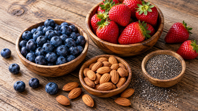 A variety of fresh superfoods, including berries and nuts, are neatly arranged on a wooden surface, displaying vibrant colors and offering a healthy and delicious selection.
