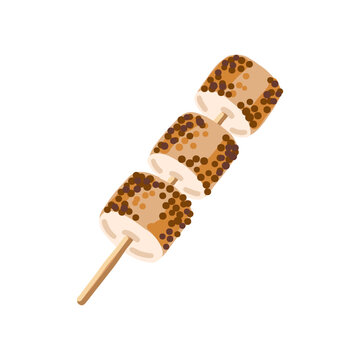 Toasted fluffy marshmallow with golden caramelized crust. Cozy sweet barbecue food. Campfire treat, outdoor dessert. Bonfire snack. Marshmallow skewers. Flat vector clipart