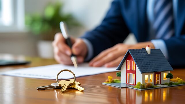 Person signing property documents with house model and keys