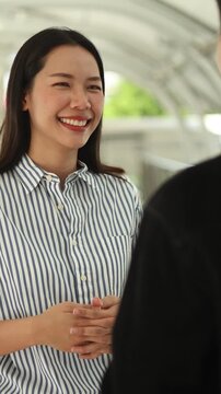 asian businesswoman talk to colleague about new project of company with happiness feeling for business lifestyle concept