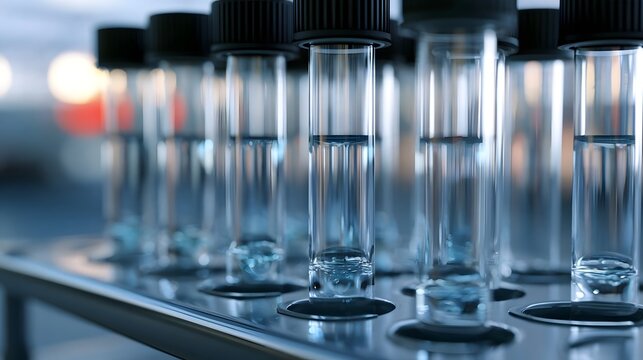 A row of clear test tubes with black caps  filled with liquid  arranged on a metallic tray in a laboratory setting