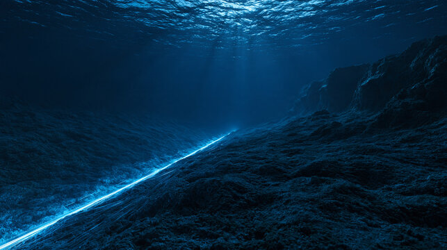 A glowing fiber optic cable lies on the dark deep sea floor under rays of light. Concept for global internet connectivity and underwater data transmission technology.