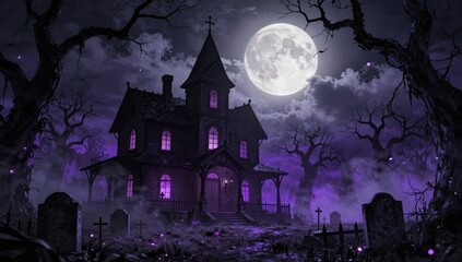 Fototapeta premium Spooky Haunted Mansion in a Graveyard Under a Large Full Moon at Night with Eerie Purple Mist, Twisted Bare Trees and Old Tombstones in a Dark Sinister Landscape