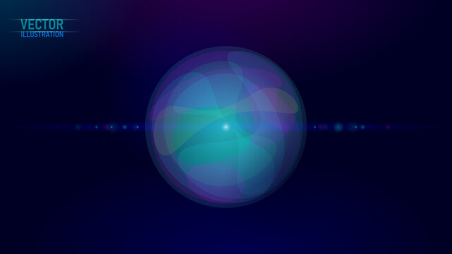 Glowing abstract sphere with lens flare. Futuristic sci-fi energy orb vector art. Fashion clothing patches stickers print. Dark blue background digital design.