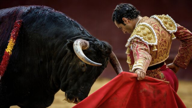 Matador facing a large bull during a traditional Portuguese bullfight. Professional bullfighter in golden costume holding a red muleta. Cultural spectacle and dangerous sport.