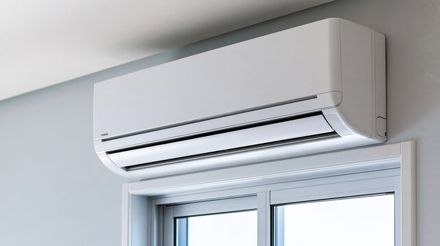 Modern split air conditioner mounted on a gray wall above a window. Home comfort technology for climate control.