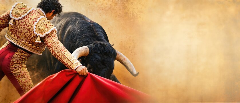 Matador facing bull in arena. Portuguese bullfight tradition featuring man in traditional costume with red muleta. Cultural spectacle performance of bravery, skill and heritage. Banner with copy space
