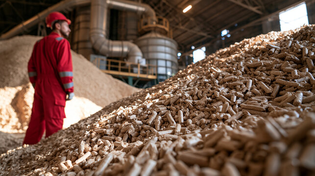 A worker in red coveralls stands before a massive pile of wood pellets in a biomass factory. Sustainable energy concept for industrial manufacturing and fuel production.