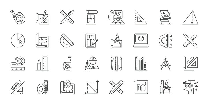 Architectural drafting and blueprint planning line icons set. Floor plan, ruler, compass, protractor, measuring tape, building design and engineering tools vector symbols.