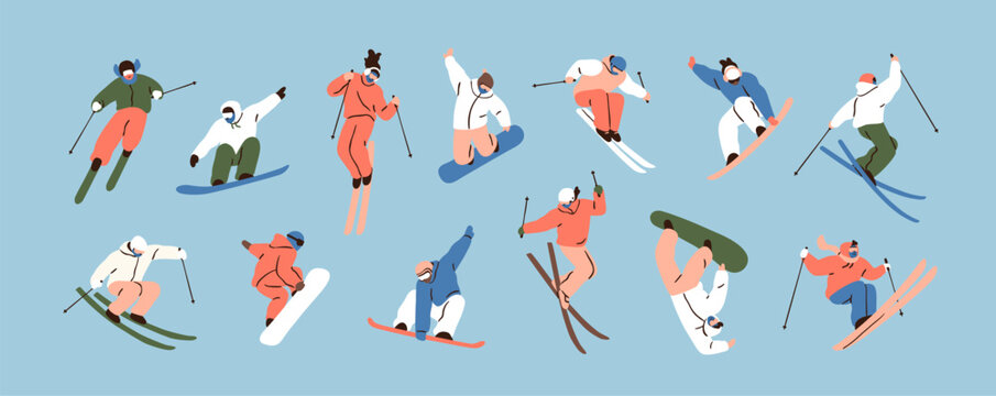 Snowboard and ski athletes do winter sport. Skier, snowboarder characters on ski, snow board in freestyle poses. People jumping, doing extreme winter sport, snowboard ride. Vector illustrations set