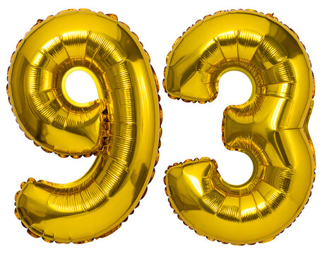 Golden number 93 balloons isolated on white background, celebration