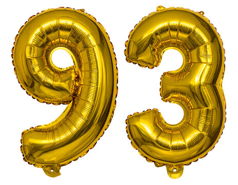 Golden number 93 balloons isolated on white, birthday celebration numeral