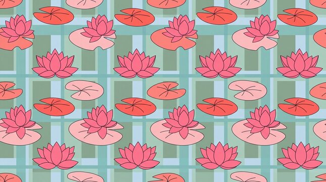 Seamless pattern with pink lotus flowers on pastel plaid background