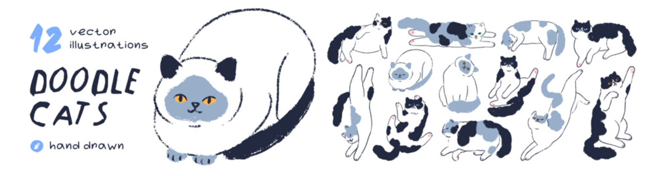 Cute doodle cats, kittens, vector animals set. Line art drawings of funny pets, adorable cat characters sitting, stretching, lying, sleeping, relaxing. Happy playful kitties. Flat vector illustrations