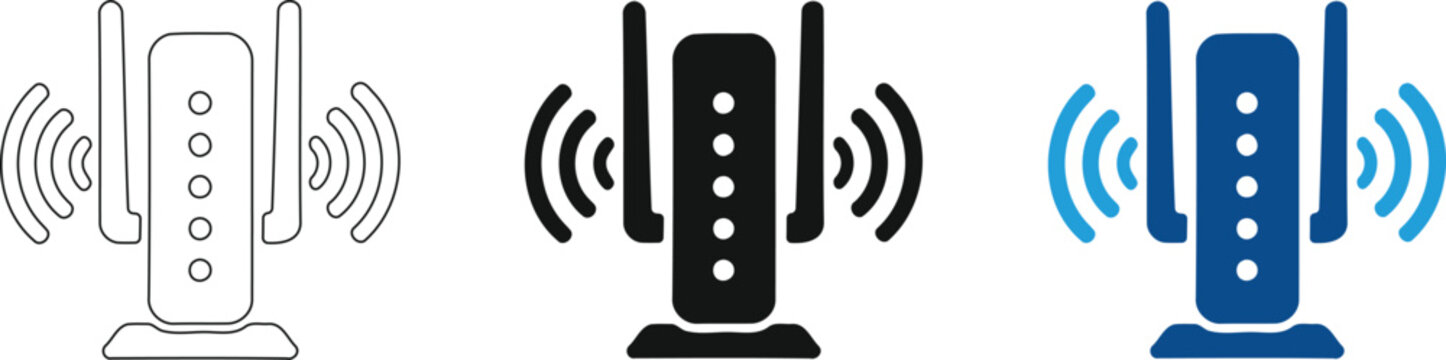 Wireless router line and solid icon set, wifi modem internet connection vector symbol, network signal transmitter equipment icons for UI design on transparent background