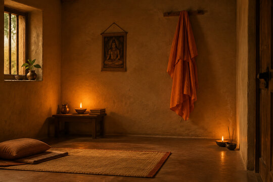 An Indian ashram room with an orange robe on the wall, lit by candlelight.