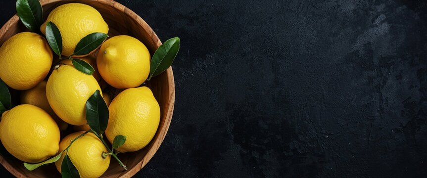Fresh yellow lemons with green leaves in a wooden bowl placed on a dark textured surface with ample copy space for text