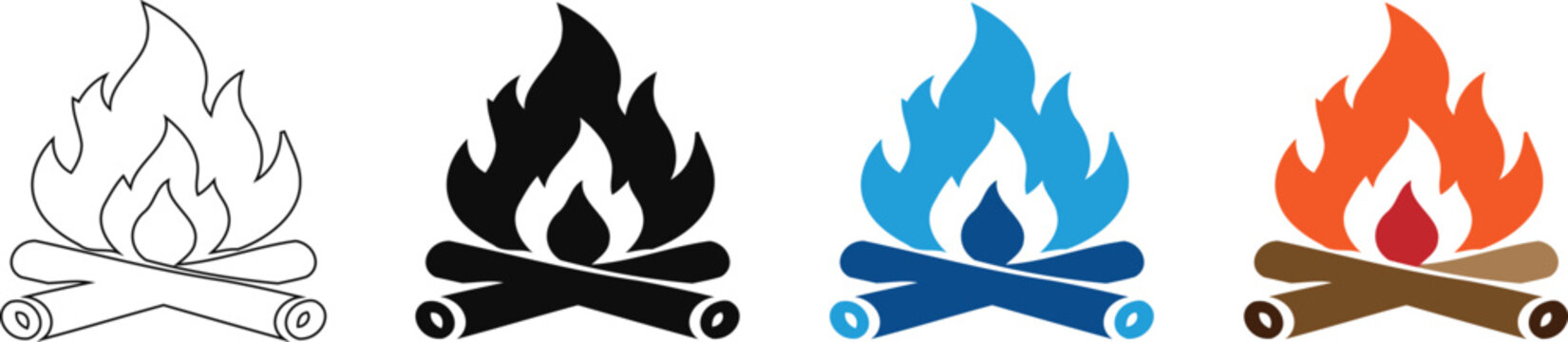 Campfire icon vector set, outline and colored fire flames on logs, outdoor camping symbol collection for web graphics on transparent background