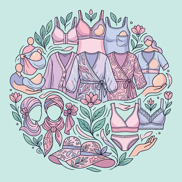 Vector illustration of mastectomy apparel and adaptive clothing, including post-surgical bras with prosthetics, robes, headscarves, turbans, and botanical floral elements.