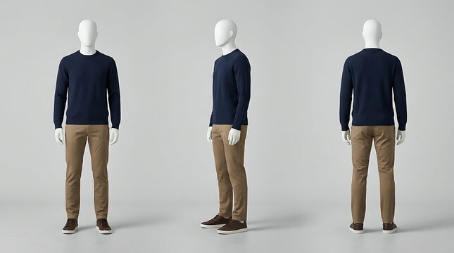 Minimalist mannequin display showcasing casual navy sweater and tan trousers from multiple angles