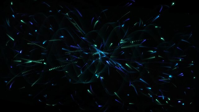 Abstract Digital Particle Stream Flowing in Dark Space with Glowing Neon Blue and Green Light Trails