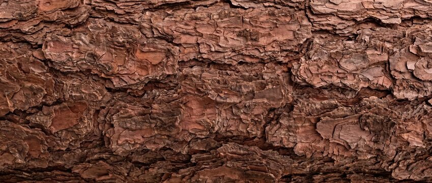 Natural pine tree bark texture in close up view. Rough textured brown wood background for rustic organic design