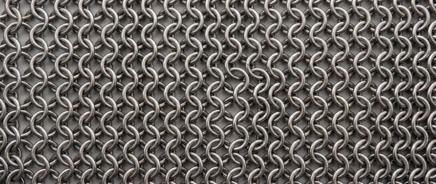 Interlocking chainmail metal ring texture background. Steel wire armor mesh pattern close up