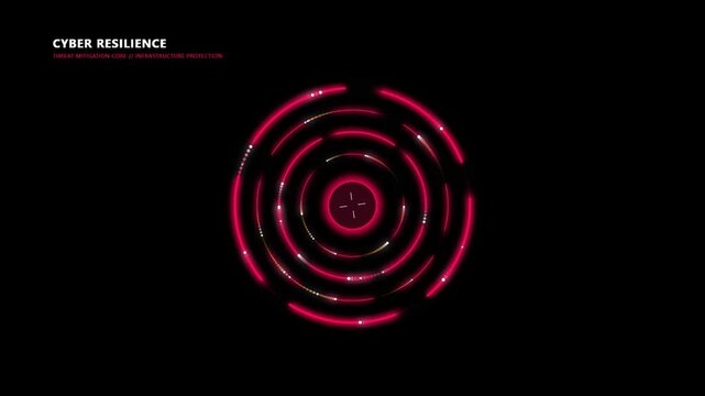 Cyber resilience threat mitigation core and infrastructure protection with glowing red rings on a dark background.   