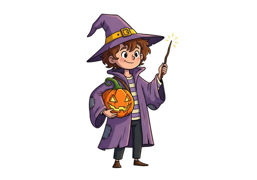 Halloween witch boy with pumpkin and magic wand casting spell