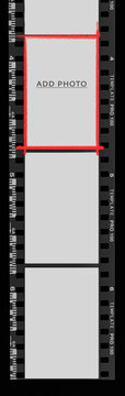 Photographic film black and white border with add photo and text.