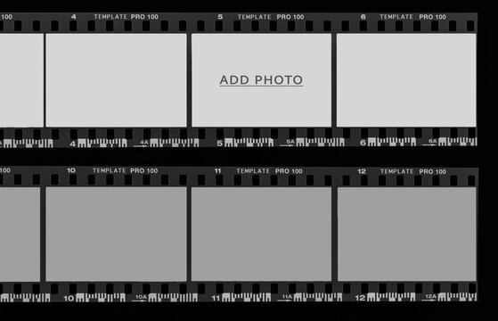 35mm black and white film strip template with grey frames and add photo text on black background.