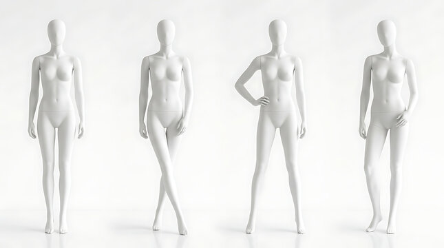 Set of four minimalistic white female mannequins in different poses displaying fashion figures on a plain light background