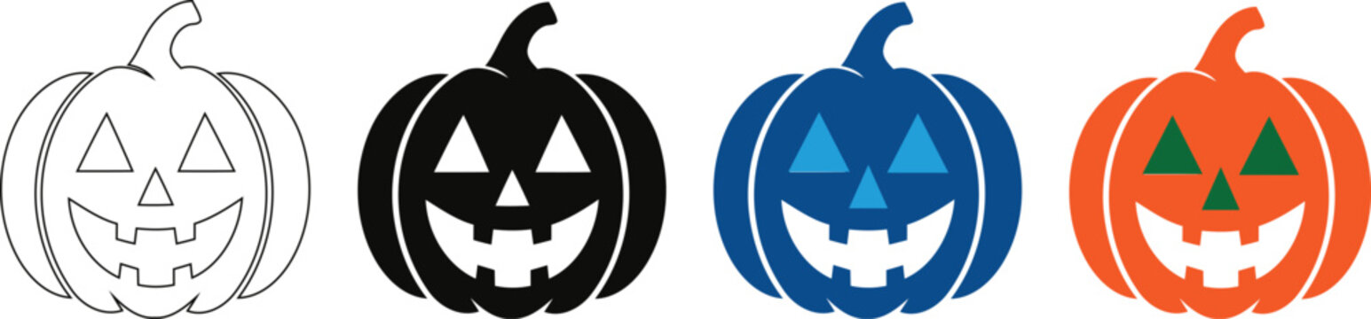 Halloween pumpkin icon set, carved jack o lantern vector collection in outline, silhouette, blue and orange styles on transparent background