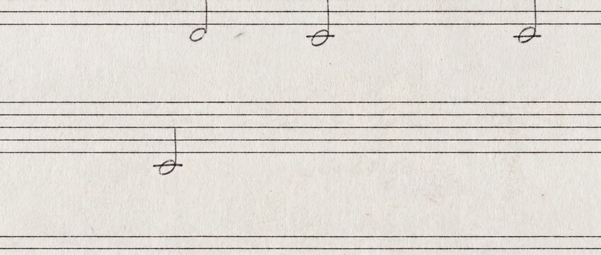 Vintage music manuscript paper texture. Hand drawn musical notes on stave lines background with copy space