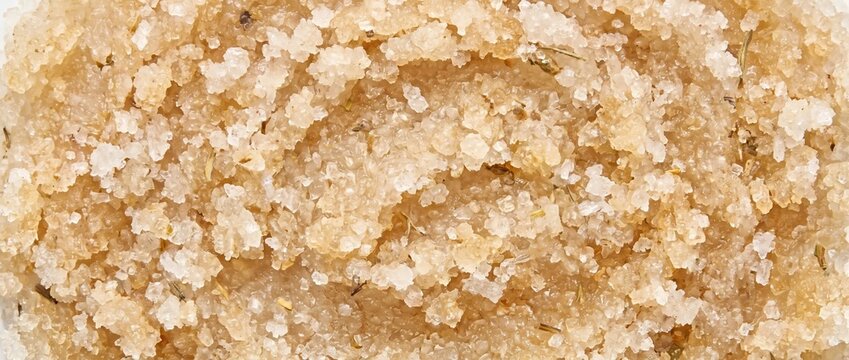 Sugar scrub granular texture. Exfoliating cosmetic body scrub paste close up. Natural skincare spa treatment background