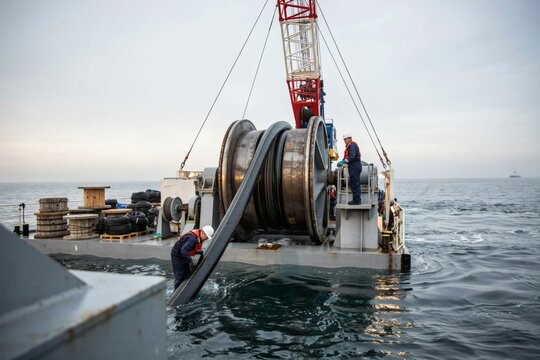 Subsea cable being spooled onto a cable lay ship