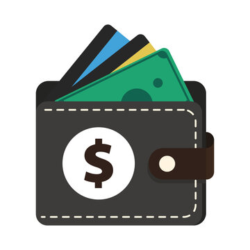 Black leather wallet with dollar sign symbol containing credit cards and cash Icon Vector Illustration