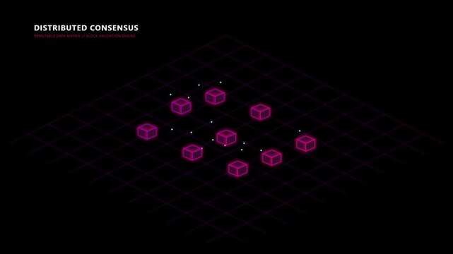 Distributed consensus network with glowing pink cubes and nodes on a dark perspective grid background.   