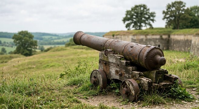 Rusted antique battlefield cannon on green grassy hill. Historic artillery fortress fortification overlooking landscape