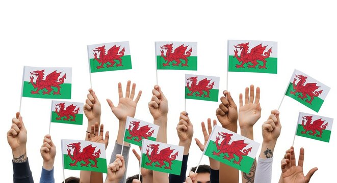 Diverse group raising Welsh flags together. Multiple hands hold red dragon flags in unity and celebration. Perfect for community events, cultural celebrations, and patriotic gatherings.