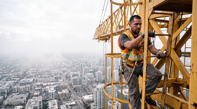 Crane operator climbing a vertical ladder on industrial tower crane above urban cityscape. Adult hispanic rigger inspecting machinery during commercial highrise construction project.