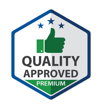 Quality approved premium badge with green thumbs up icon and stars for verified product certification tag vector illustration