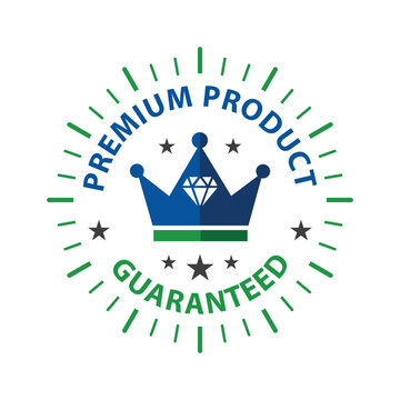 Blue crown badge declaring premium product guarantee for e commerce and brand trust building