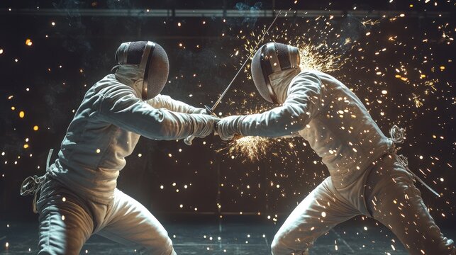Two fencers clashing swords with sparks flying in a dramatic arena.