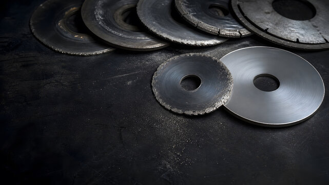 Used and new circular cutting blades compared on dark scratched surface