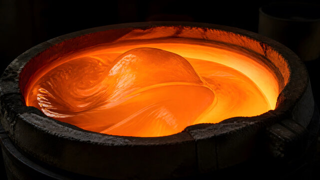 Molten glass glowing orange inside a ceramic crucible furnace
