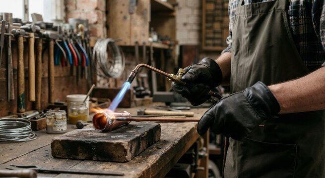 Plumber heating copper pipe fitting with blue gas flame soldering torch. Brazing metal plumbing pipes on workshop workbench