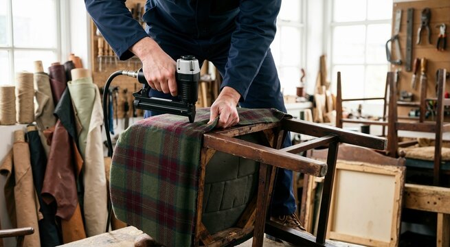 Upholsterer using pneumatic staple gun to fix plaid fabric to vintage chair. Furniture restoration craft