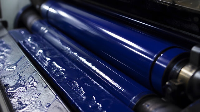 Glossy blue ink spread across the rollers of an offset printing press